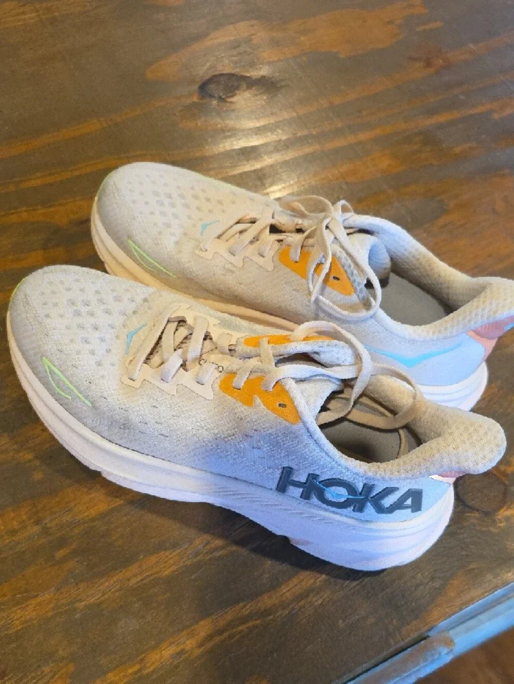 Hoka White Running Sneakers with Pastel Blue, Yellow & Lime Accents - Picture 3 of 10